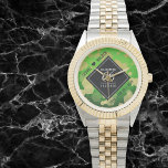 Elegant 66th Titanite Wedding Anniversary Watch<br><div class="desc">Celebrate the 66th titanite wedding anniversary and a love that stands the test of time with this stylish watch! Elegant black and white lettering with gold-dusted hexagonal confetti on an india green background add a memorable touch for this special occasion and extraordinary milestone. Personalise with the couple's names and dates...</div>