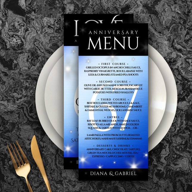 Elegant 67th Star Sapphire Wedding Anniversary Menu (Elegant 67th Star Sapphire Wedding Anniversary Menu Rack Card Cover Photo.)