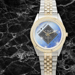 Elegant 67th Star Sapphire Wedding Anniversary Watch<br><div class="desc">Celebrate the 67th star sapphire wedding anniversary and a love that stands the test of time with this stylish watch! Elegant black and white lettering with stylized stars twinkling on a sapphire blue background add a memorable touch for this special occasion and extraordinary milestone. Personalize with couple's names and dates...</div>