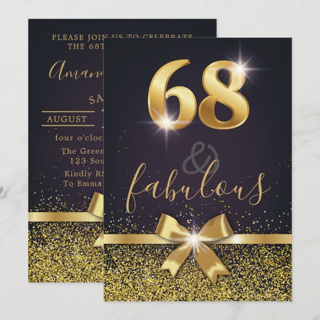 Elegant 68 & Fabulous Gold Glitter 68th Birthday Invitation (Front/Back)