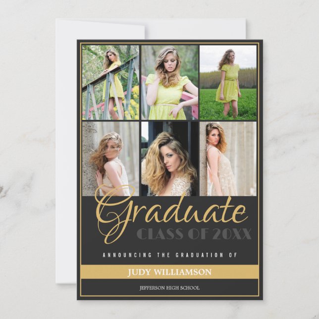 Elegant 6 Photo Collage Black and Gold Graduation Announcement (Front)