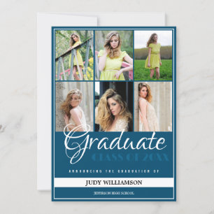 Elegant 6 Photo Collage Blue and White Graduation Announcement