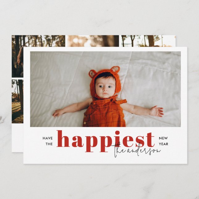 Elegant 6 Photo Collage Have the Happiest New Year Holiday Card (Front/Back)