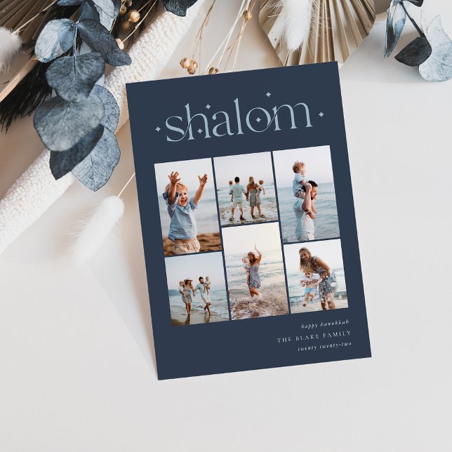 Elegant 6 Photo Collage Shalom Hanukkah Holiday Card (Creator Uploaded)