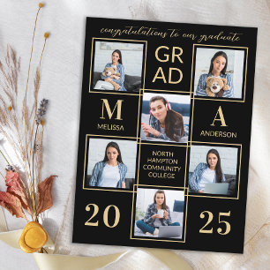 Elegant 6 Photo Personalised Black Gold Graduation Invitation Postcard
