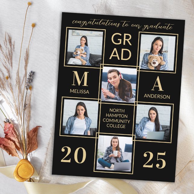 Elegant 6 Photo Personalised Black Gold Graduation Invitation Postcard (Creator Uploaded)