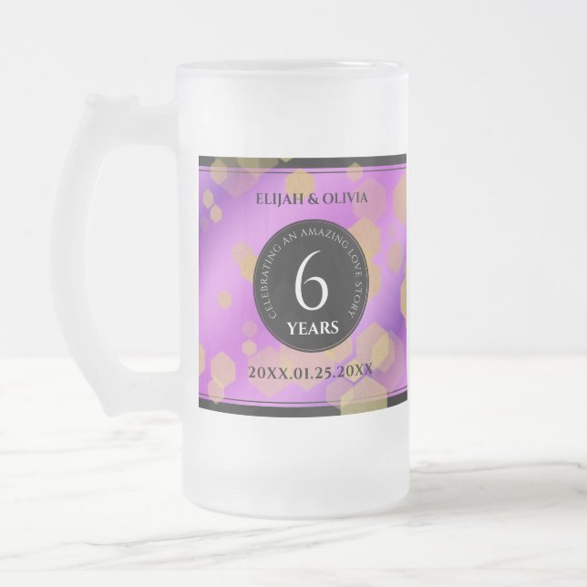 Elegant 6th Amethyst Wedding Anniversary Frosted Glass Beer Mug (Left)
