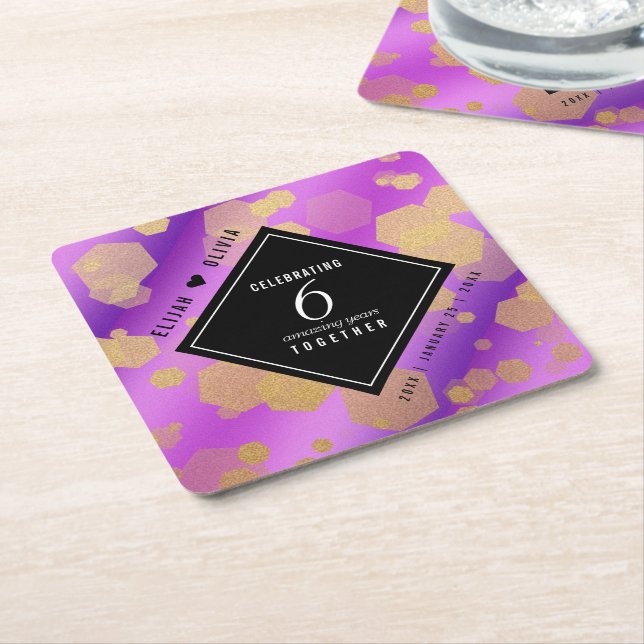 Elegant 6th Amethyst Wedding Anniversary Square Paper Coaster (Angled)
