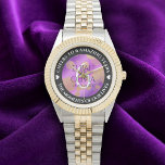 Elegant 6th Amethyst Wedding Anniversary Watch<br><div class="desc">Celebrate the 6th amethyst wedding anniversary in style with this commemorative watch! Elegant lettering with gold-dusted hexagonal confetti on an amethyst background add a memorable touch for this special occasion and milestone. Customize with couple's names,  dates of marriage,  and congratulatory messages.

Design © W.H. Sim. See more at zazzle.com/expressionsoccasions</div>