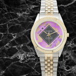 Elegant 6th Amethyst Wedding Anniversary Watch<br><div class="desc">Celebrate the 6th amethyst wedding anniversary and a love that stands the test of time with this stylish watch! Elegant black and white lettering with gold-dusted hexagonal confetti on an amethyst purple background add a memorable touch for this special occasion and milestone. Personalise with the couple's names and dates of...</div>