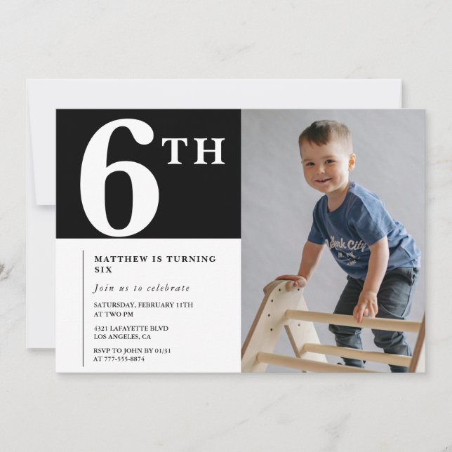 Elegant 6th birthday invitation Black Boy Photo (Front)