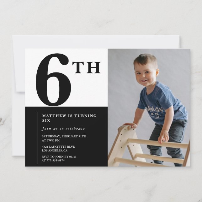 Elegant 6th birthday invitation Black Chic Modern  (Front)