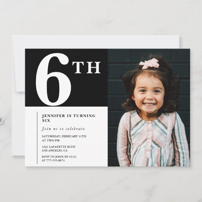 Elegant 6th birthday invitation Black Chic Photo (Front)