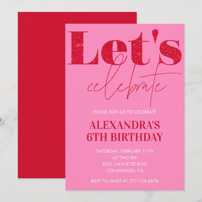 Elegant 6th birthday invitation Pink Glitter Glam (Front/Back)