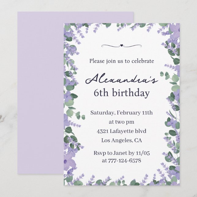 Elegant 6th birthday invitations Floral Frame (Front/Back)