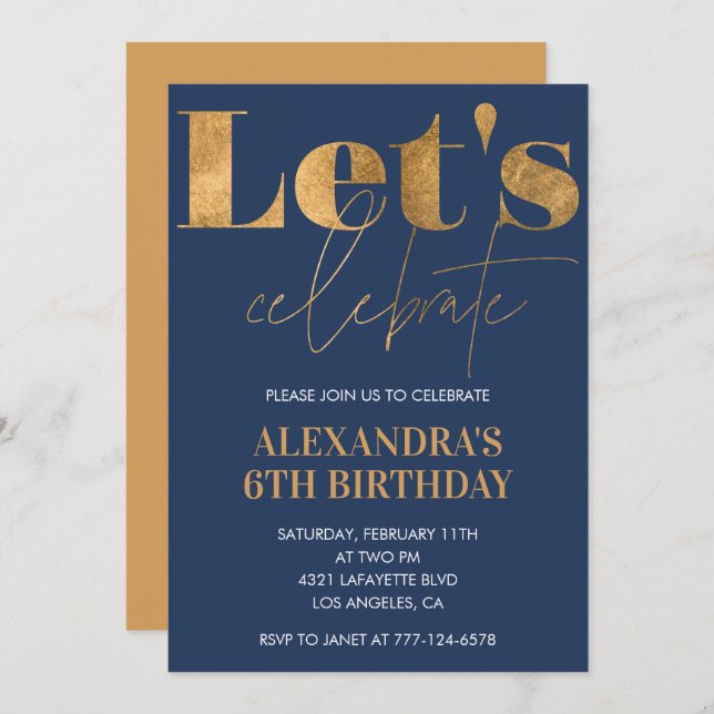 Elegant 6th birthday invitations Navy Gold  (Front/Back)