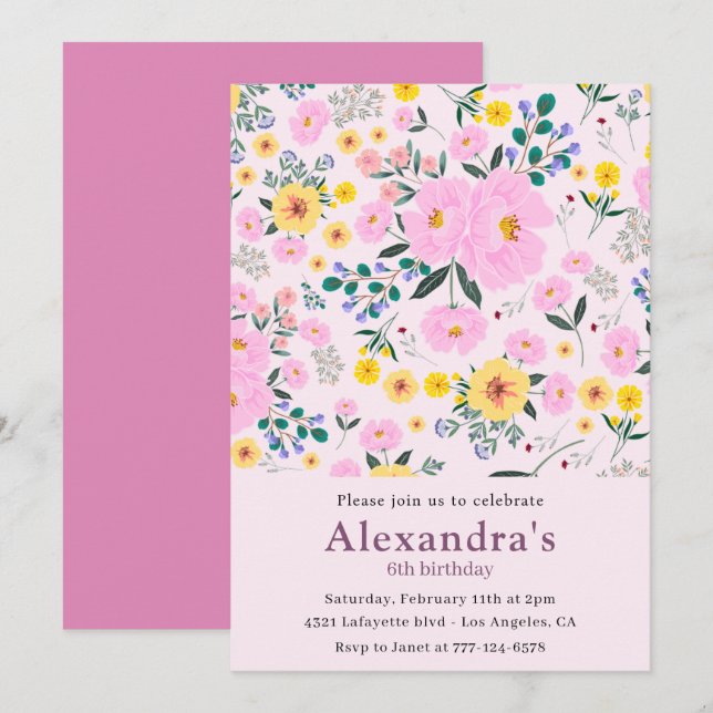 Elegant 6th birthday invitations Pink Floral Chic (Front/Back)