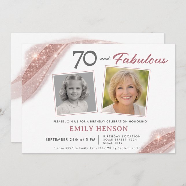 Elegant 70 and Fabulous Rose Gold Photo Birthday Invitation (Front/Back)