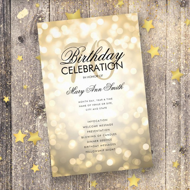 Elegant 70 Birthday Program Lights Gold Menu (Creator Uploaded)