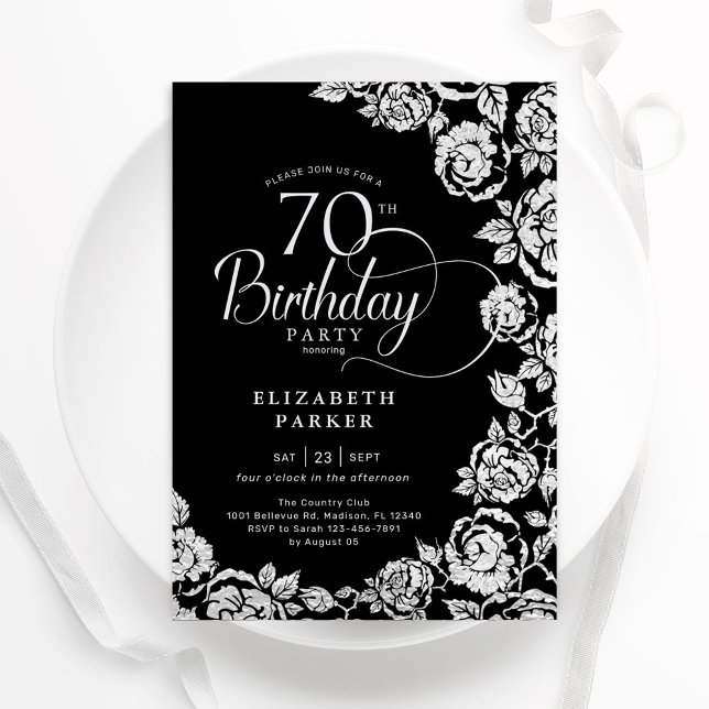 Elegant 70th Birthday Black Silver Roses Invitation (Creator Uploaded)