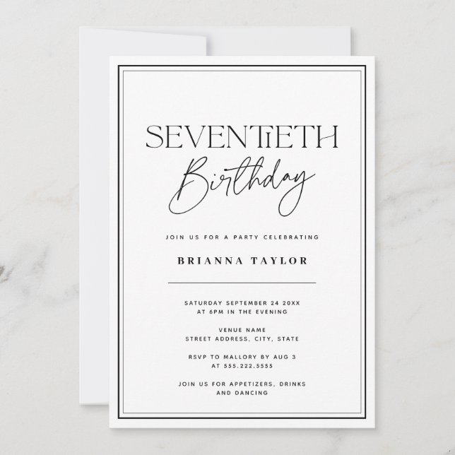 Elegant 70th Birthday Black & White Invitation (Front)