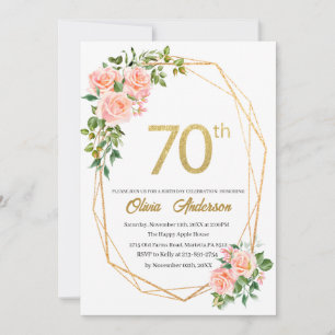 Elegant 70th  Birthday Celebration Watercolor Glit Invitation