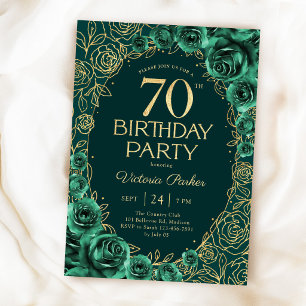 Elegant 70th Birthday Emerald Green Gold Floral Invitation