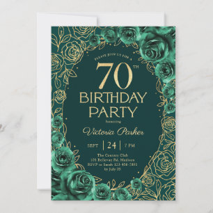 Elegant 70th Birthday Emerald Green Gold Floral Invitation
