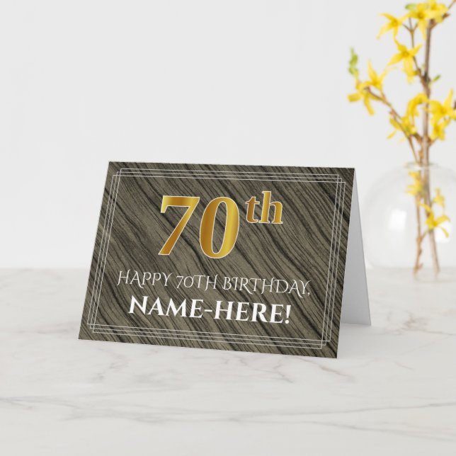 Elegant 70th Birthday: Faux Wood, Faux Gold Look Card (Yellow Flower)
