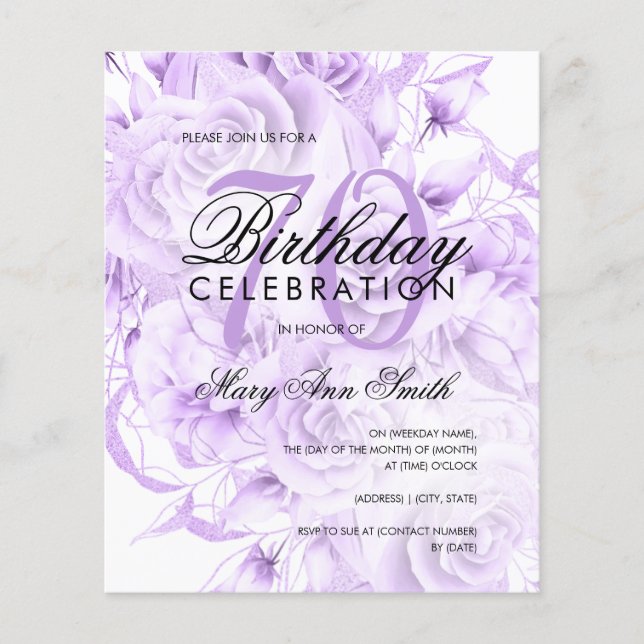 Elegant 70th Birthday Floral Purple Invite Flyer (Front)