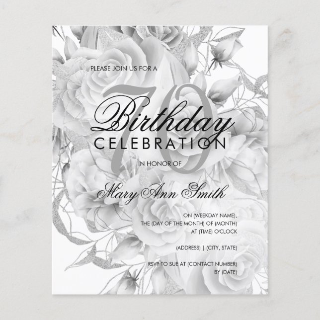 Elegant 70th Birthday Floral Silver White Invite Flyer (Front)