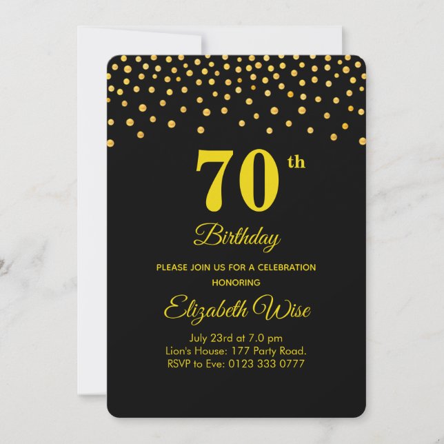 Elegant 70th Birthday & Gold Confetti on Black Invitation (Front)