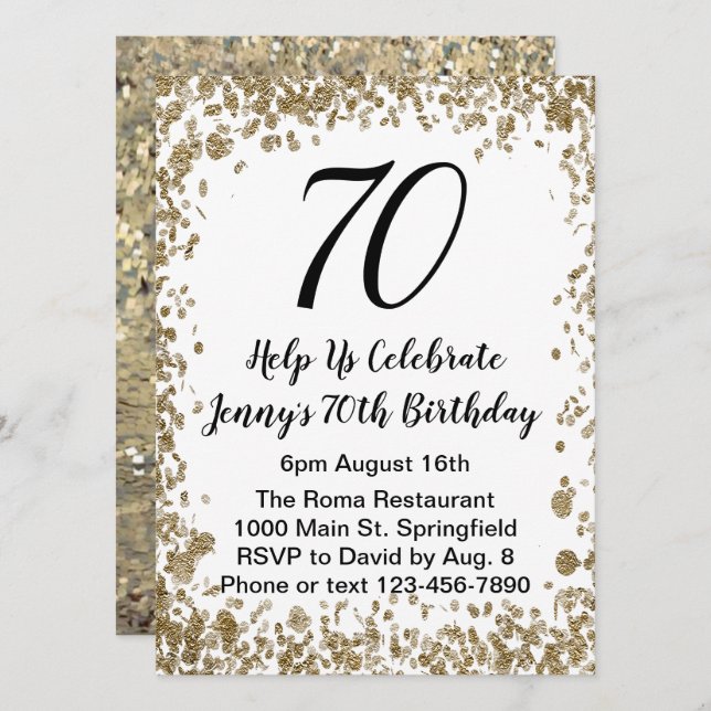 Elegant 70th Birthday Invitation For Her in Gold (Front/Back)