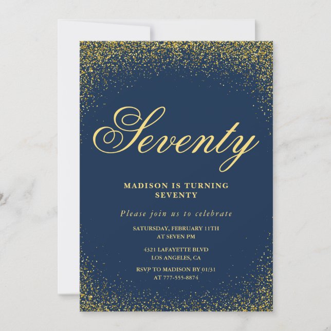 Elegant 70th birthday invitation Gold Navy Glam (Front)