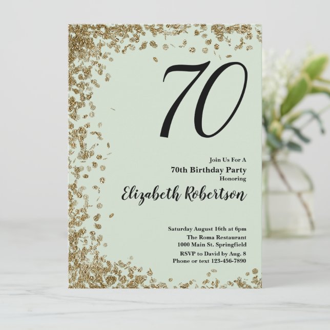 Elegant 70th Birthday Invitation Sage Gold Sequins (Standing Front)