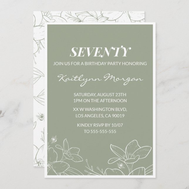 Elegant 70th birthday invitations Floral Green (Front/Back)