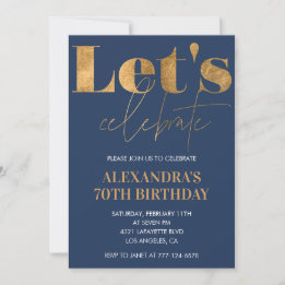 Elegant 70th birthday invitations Navy Gold 