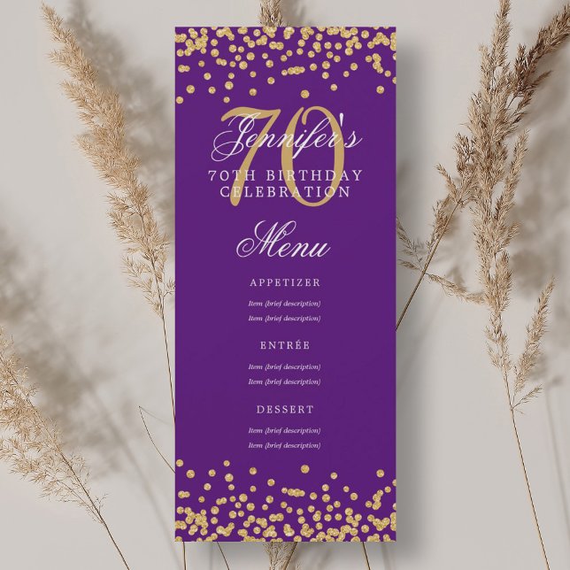 Elegant 70th Birthday Menu Gold Purple Confetti Invitation (Elegant 70th Birthday Menu Gold Purple Confetti Invitation)