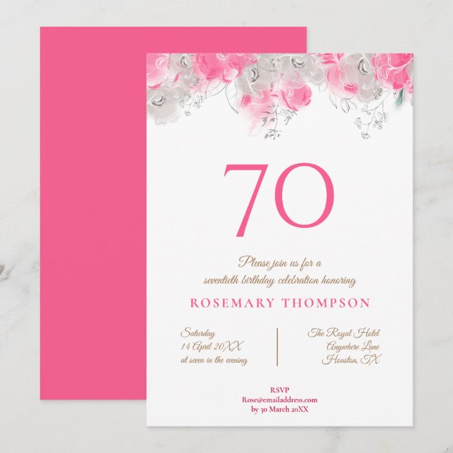 Elegant 70th Birthday Party Delicate Florals Pink Invitation (Front/Back)
