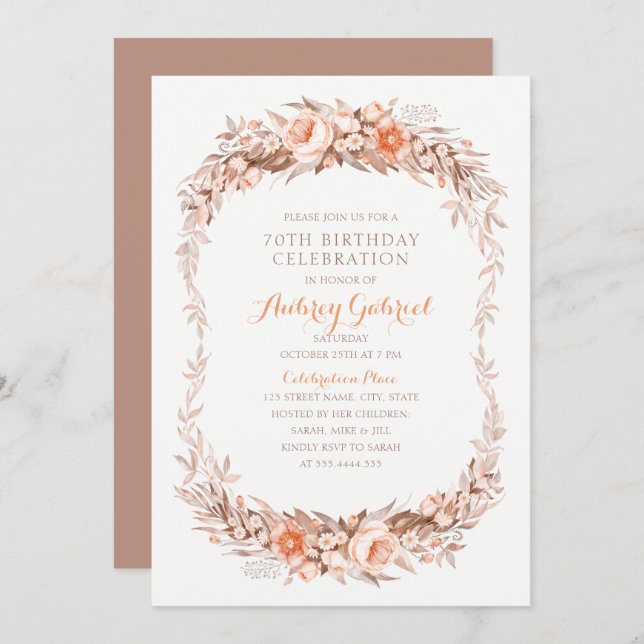 Elegant 70th Birthday Party Floral Fall Invitation (Front/Back)