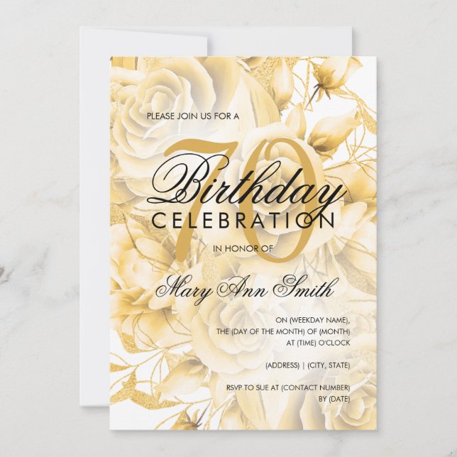 Elegant 70th Birthday Party Floral Gold  Invitation (Front)