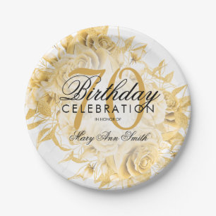 Elegant 70th Birthday Party Floral Gold Paper Plate