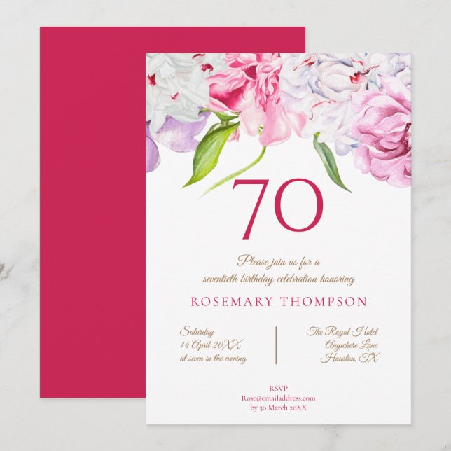 Elegant 70th Birthday Party Floral Peonies Pink Invitation (Front/Back)