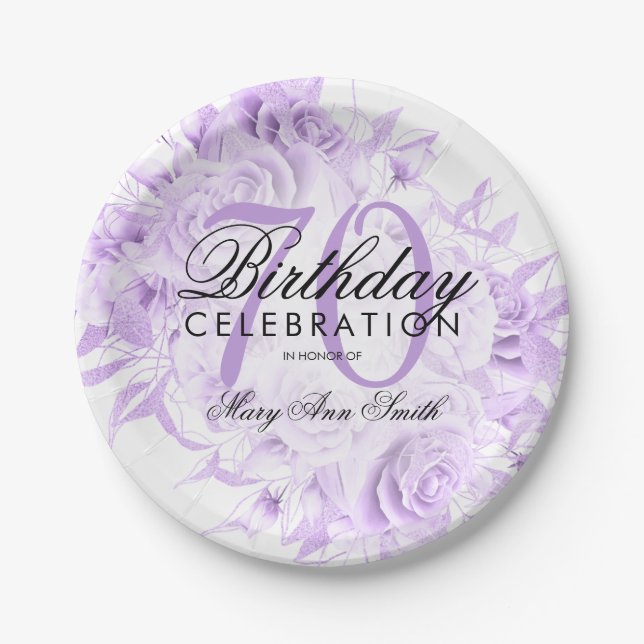Elegant 70th Birthday Party Floral Purple  Paper Plate (Front)