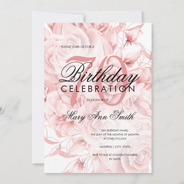 Elegant 70th Birthday Party Floral Rose Gold  Invitation (Front)