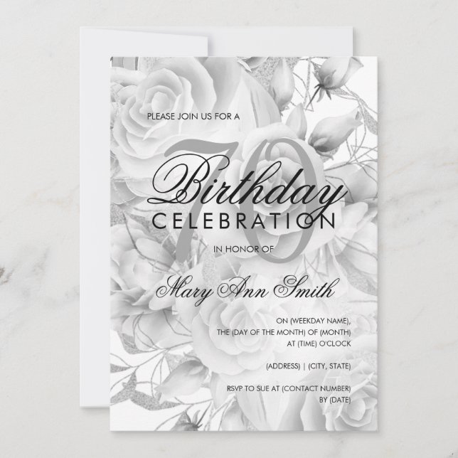Elegant 70th Birthday Party Floral Silver White Invitation (Front)