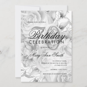 Elegant 70th Birthday Party Floral Silver White Invitation