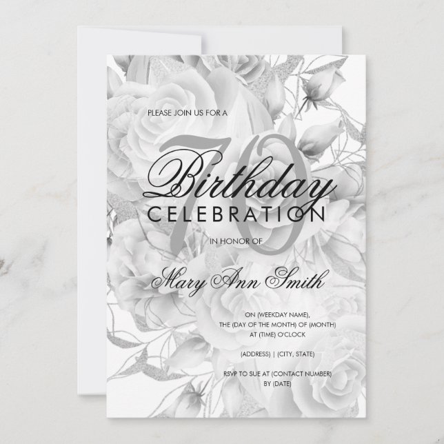 Elegant 70th Birthday Party Floral Silver White Invitation (Front)