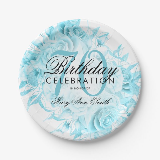 Elegant 70th Birthday Party Floral Teal  Paper Plate (Front)
