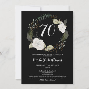 Elegant 70th Birthday Party Floral Wreath Gold Invitation
